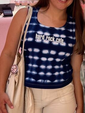 Y2K Hard Rock Cafe Navy and White Women's Tank Top